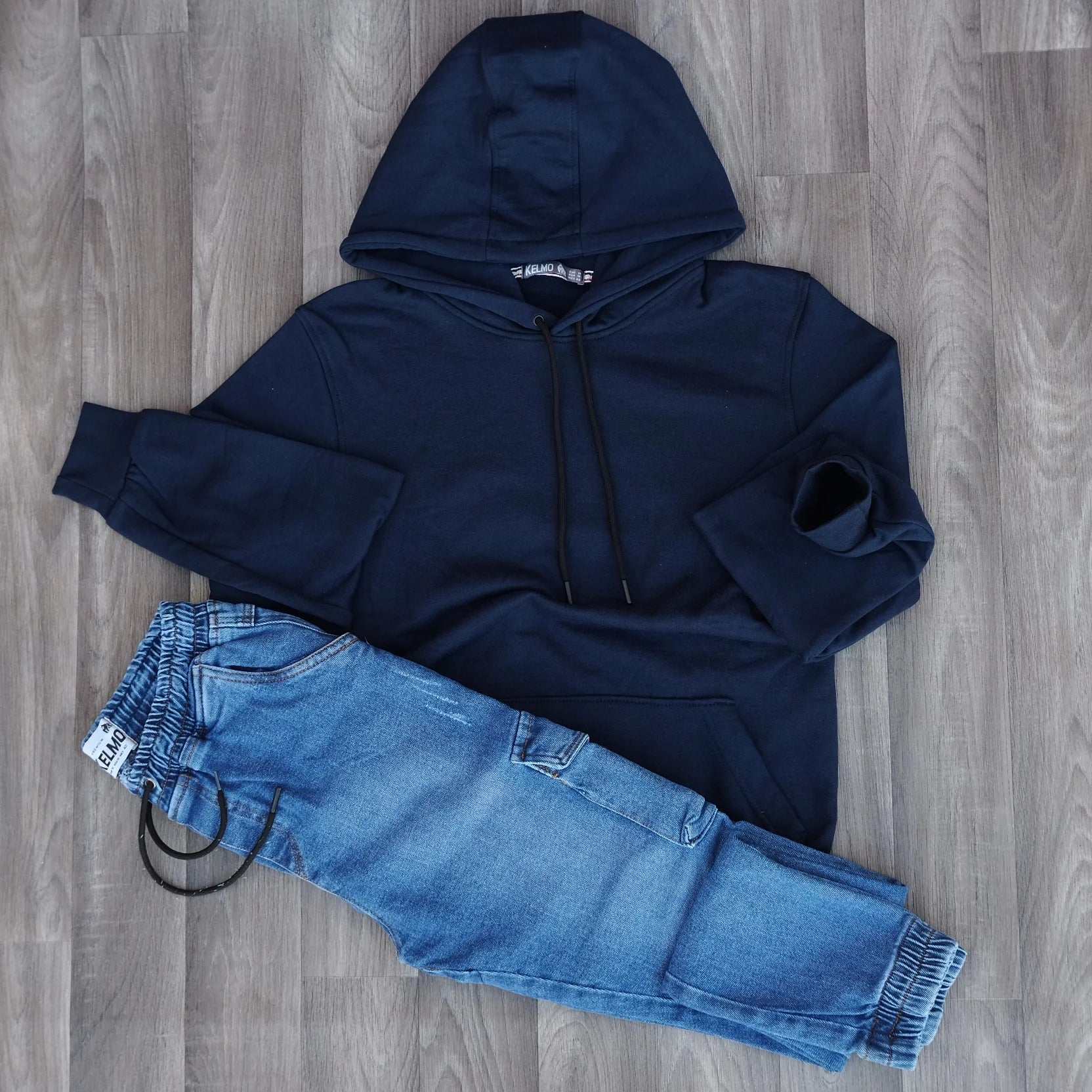 Ensemble Cargo Jeans Délavé Bleu et Capuche Cotton Bleu Marine