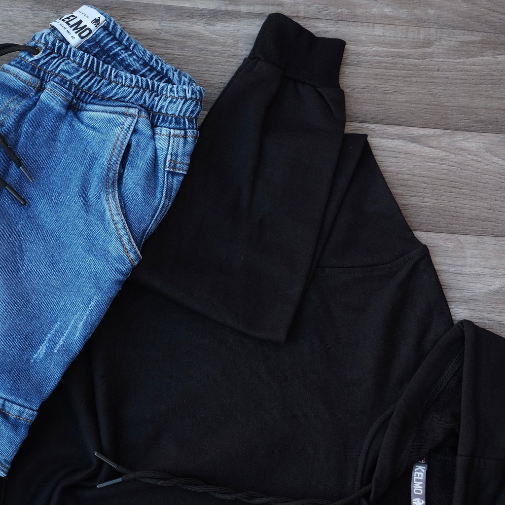 Ensemble Cargo Jeans Délavé Bleu + Capuche Cotton Noir