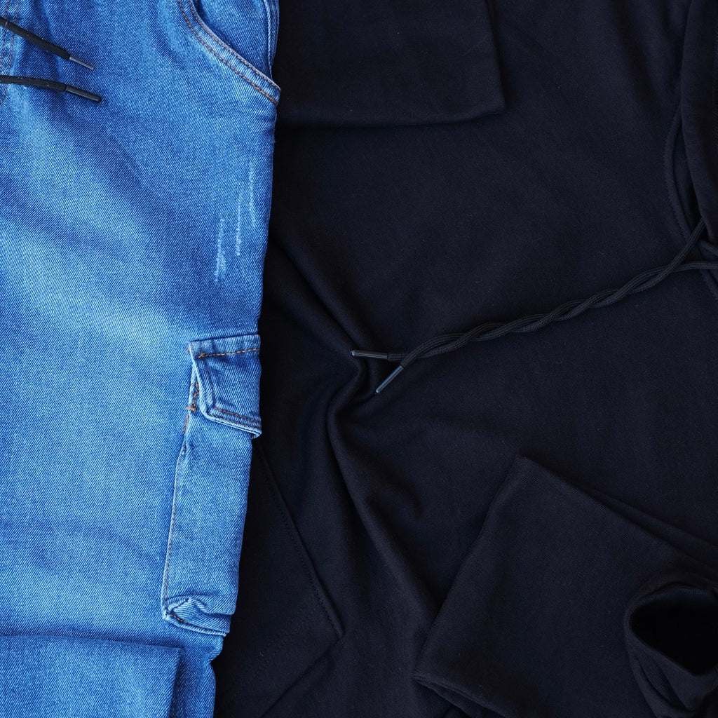 Ensemble Cargo Jeans Délavé Bleu + Capuche Cotton Noir