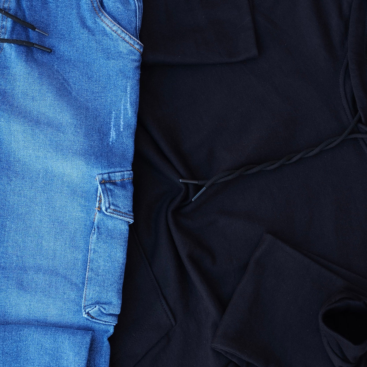 Ensemble Cargo Jeans Délavé Bleu + Capuche Cotton Noir
