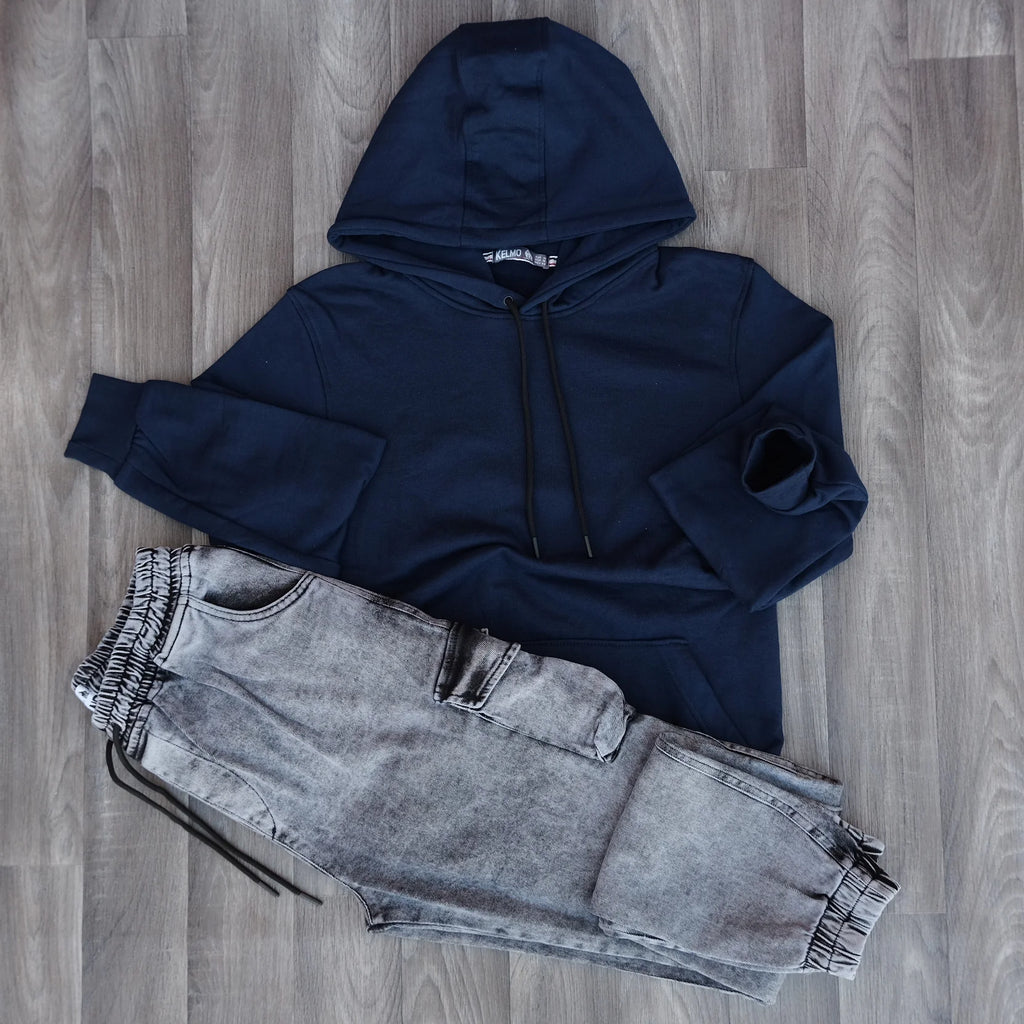 Ensemble Cargo Jeans Délavé Gris et Capuche Cotton Bleu Marine
