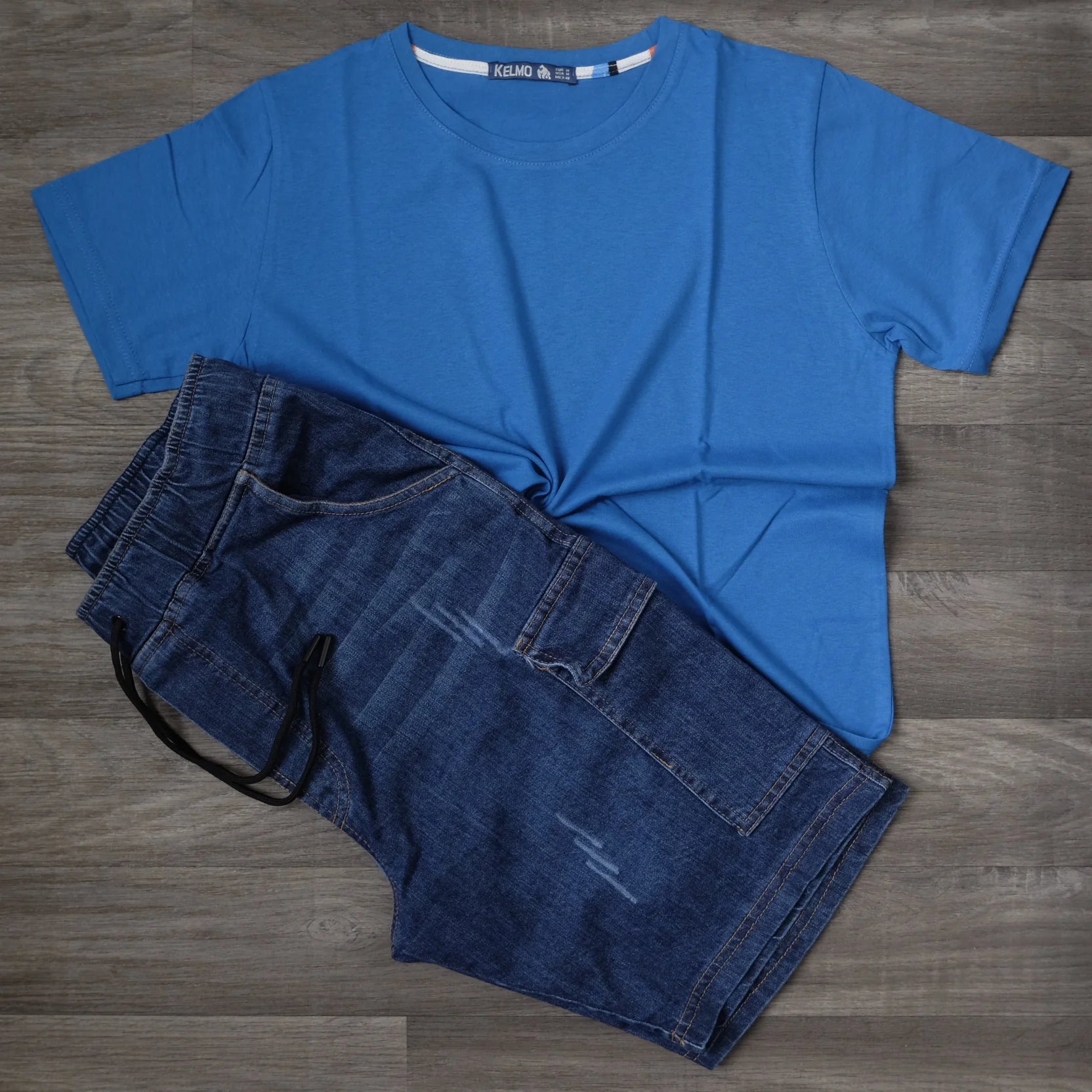 Ensemble Short Cargo Baggy Jeans Délavé Bleu + T-Shirt Bleu Roi