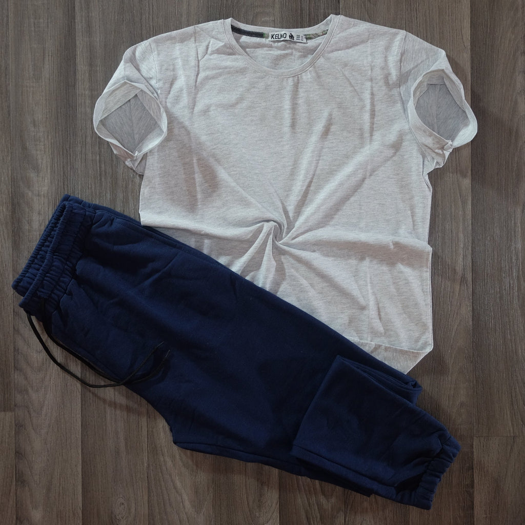 Ensemble T-Shirt Gris Chine Clair et Jogging Bleu Marine