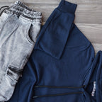 Ensemble Cargo Jeans Délavé Gris et Capuche Cotton Bleu Marine