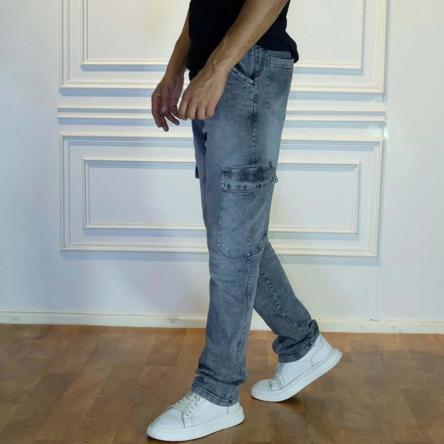 Pantalon Jean Cargo Délavé Gris Straight