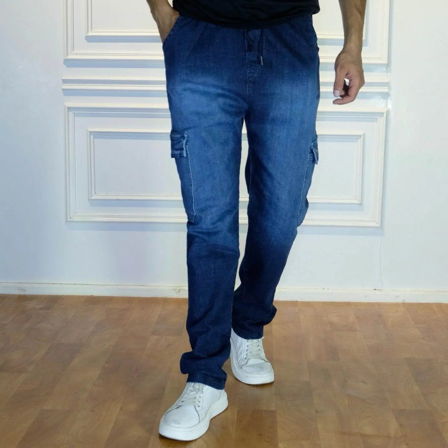 Pantalon Jean Cargo Délavé Bleu Straight