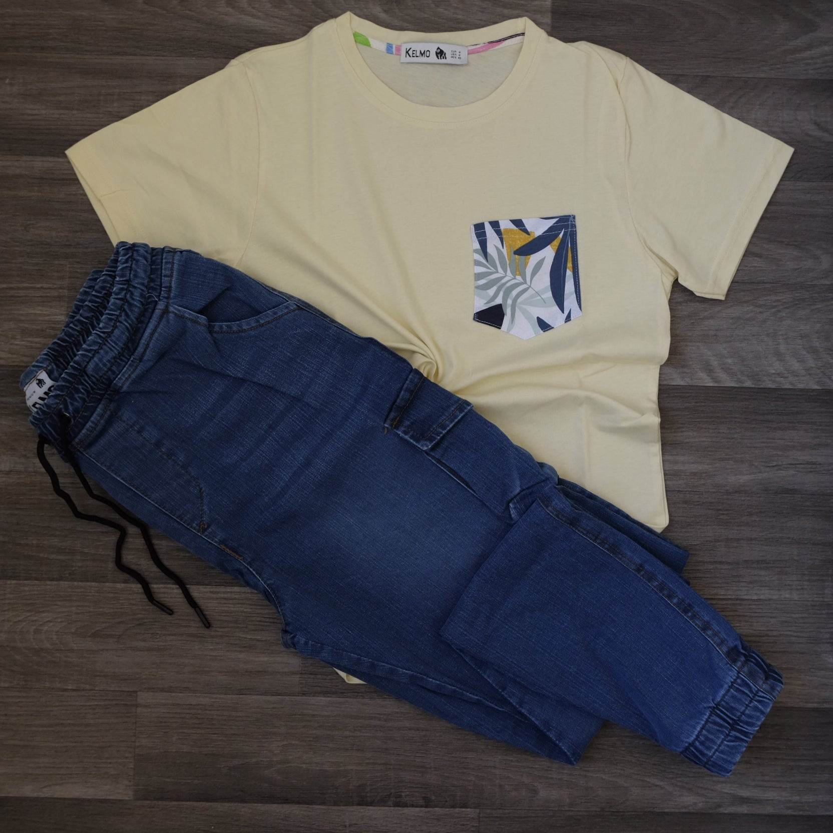 Ensemble T-shirt Jaune Hawaï et Jean Bleu Délavé