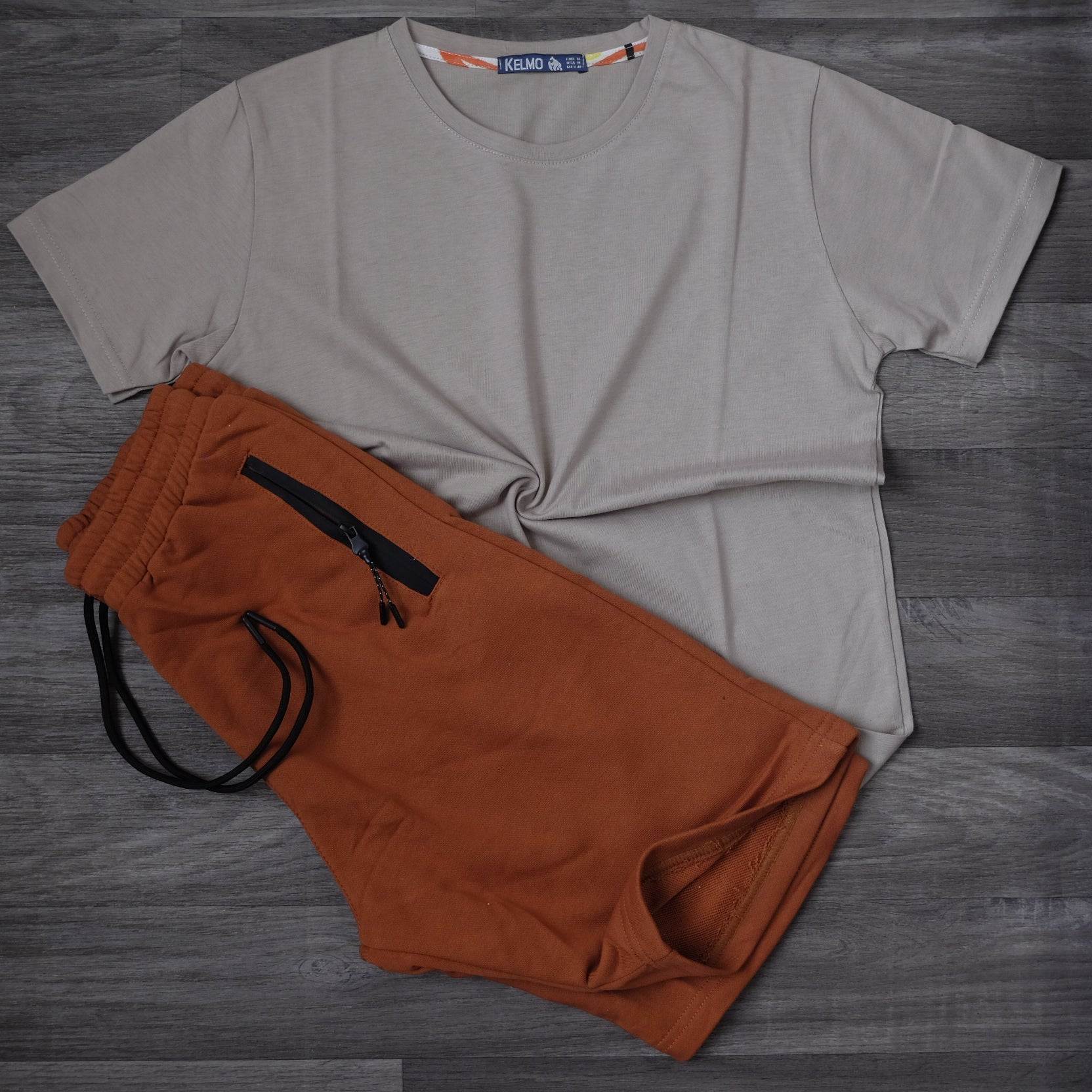 Ensemble T-shirt Gris Clair et Short Rouille/Terracotta